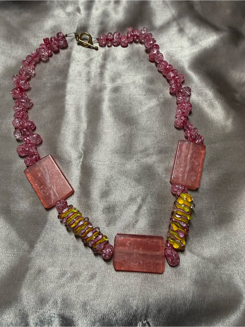 Handcrafted Pink Glass bead statement necklace with yellow accents Y2K Style